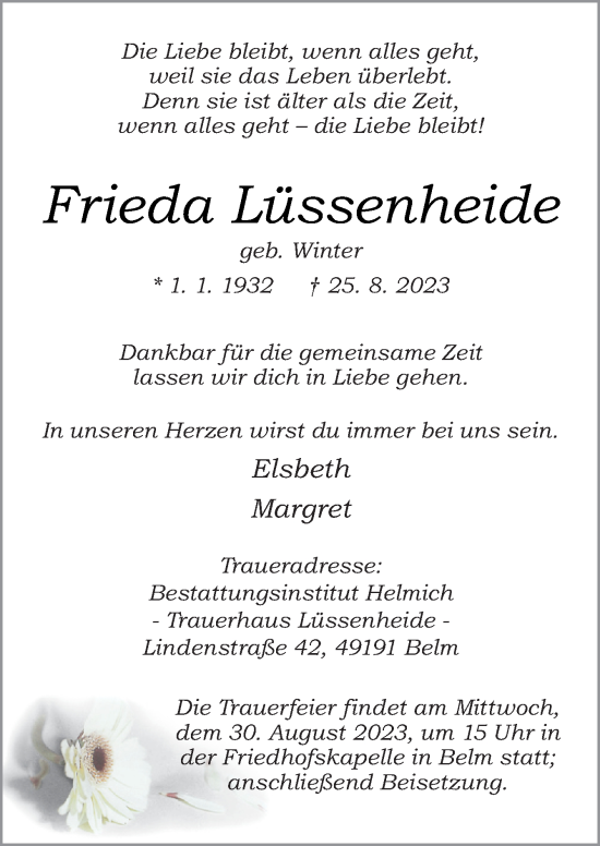 Traueranzeige von Frieda Lüssenheide von Neue Osnabrücker Zeitung GmbH & Co. KG