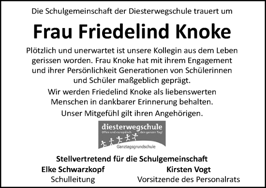 Traueranzeige von Friedelind Knoke von Neue Osnabrücker Zeitung GmbH & Co. KG