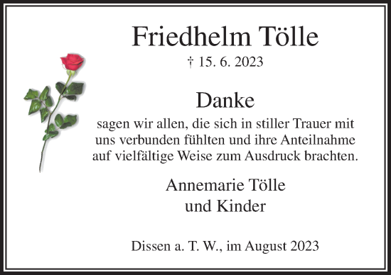 Traueranzeige von Friedhelm Tölle von Neue Osnabrücker Zeitung GmbH & Co. KG