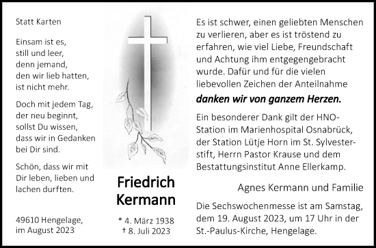 Traueranzeige von Friedrich Kermann von Neue Osnabrücker Zeitung GmbH & Co. KG