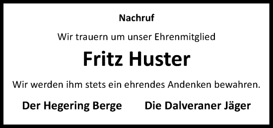 Traueranzeige von Fritz Huster von Neue Osnabrücker Zeitung GmbH & Co. KG