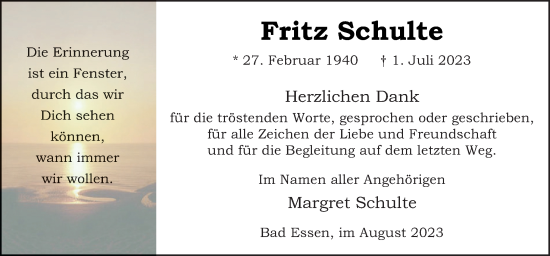 Traueranzeige von Fritz Schulte von Neue Osnabrücker Zeitung GmbH & Co. KG
