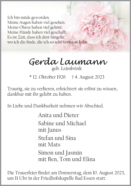 Traueranzeige von Gerda Laumann von Neue Osnabrücker Zeitung GmbH & Co. KG