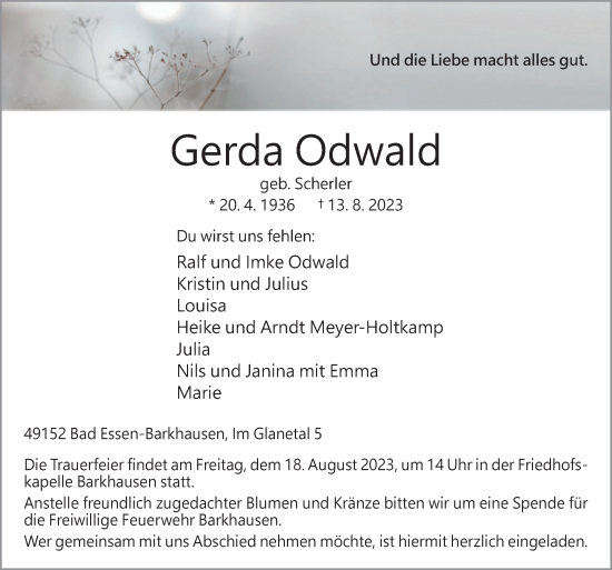 Traueranzeige von Gerda Odwald von Neue Osnabrücker Zeitung GmbH & Co. KG