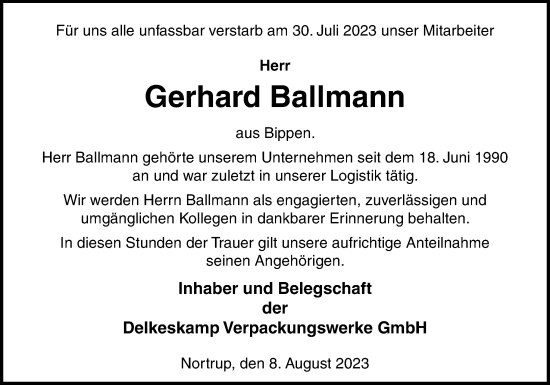 Traueranzeige von Gerhard Ballmann von Neue Osnabrücker Zeitung GmbH & Co. KG