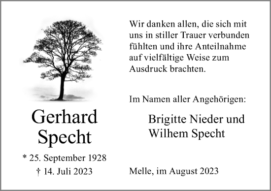 Traueranzeige von Gerhard Specht von Neue Osnabrücker Zeitung GmbH & Co. KG
