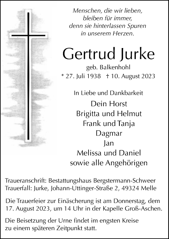 Traueranzeige von Gertrud Jurke von Neue Osnabrücker Zeitung GmbH & Co. KG