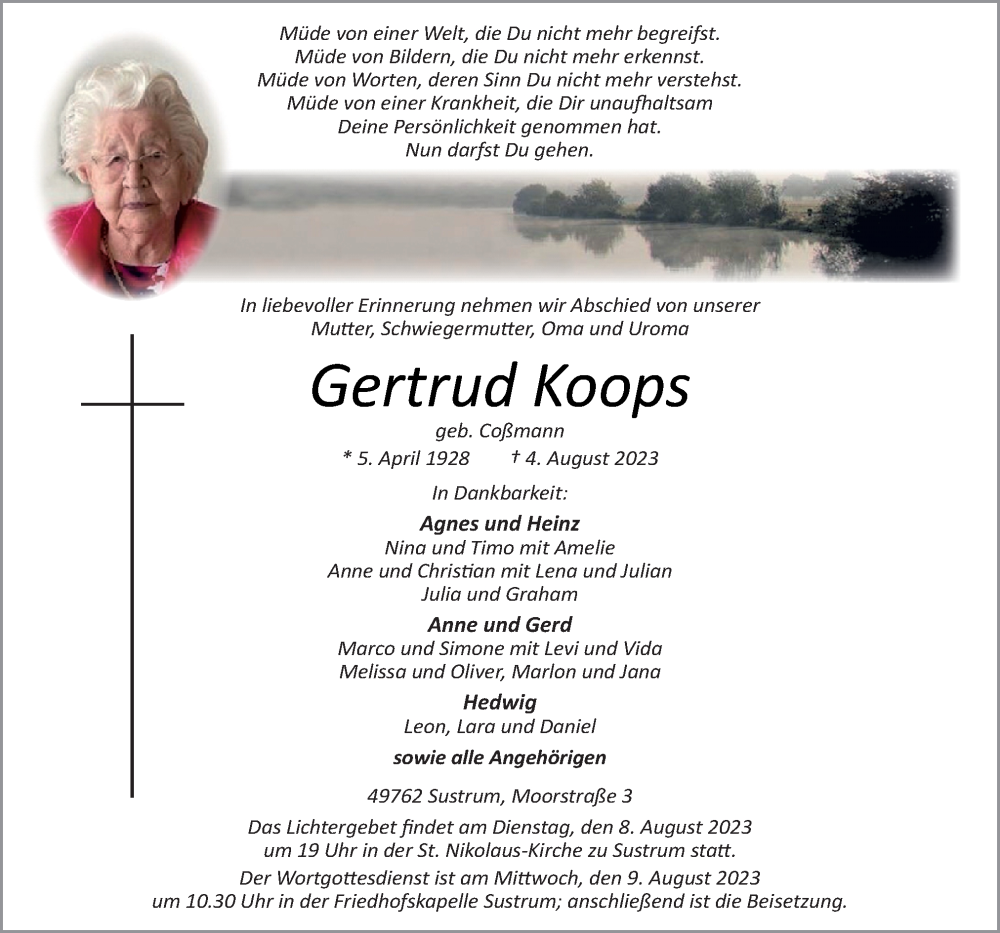  Traueranzeige für Gertrud Koops vom 07.08.2023 aus Neue Osnabrücker Zeitung GmbH & Co. KG