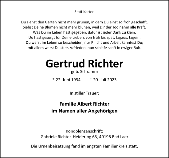 Traueranzeige von Gertrud Richter von Neue Osnabrücker Zeitung GmbH & Co. KG