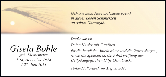 Traueranzeige von Gisela Bohle von Neue Osnabrücker Zeitung GmbH & Co. KG