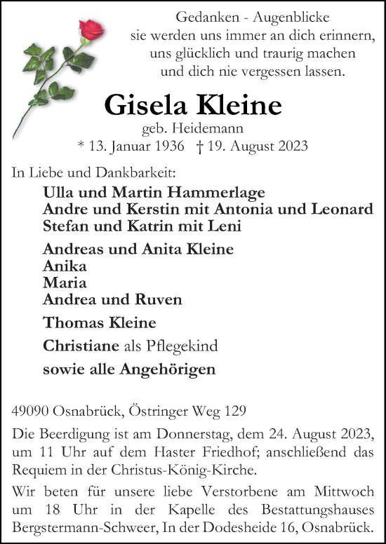 Traueranzeige von Gisela Kleine von Neue Osnabrücker Zeitung GmbH & Co. KG