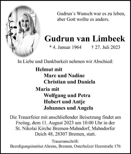 Traueranzeige von Gudrun van Limbeek von Neue Osnabrücker Zeitung GmbH & Co. KG