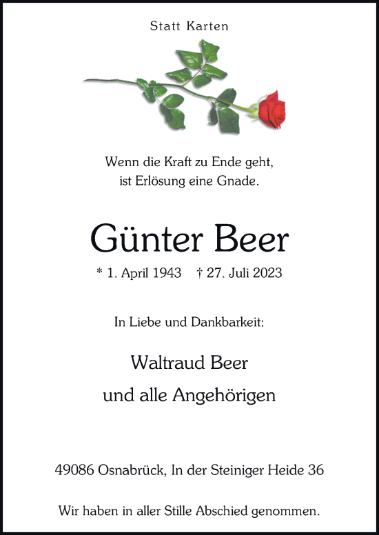 Traueranzeige von Günter Beer von Neue Osnabrücker Zeitung GmbH & Co. KG