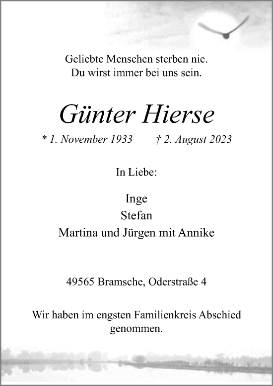 Traueranzeige von Günter Hierse von Neue Osnabrücker Zeitung GmbH & Co. KG