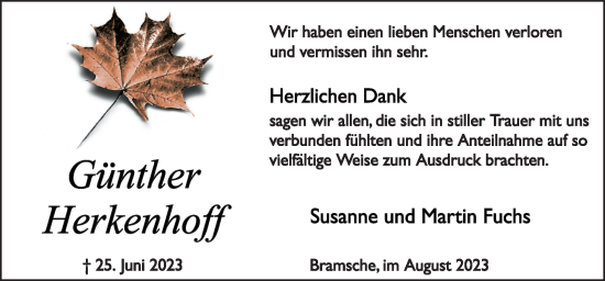 Traueranzeige von Günther Herkenhoff von Neue Osnabrücker Zeitung GmbH & Co. KG