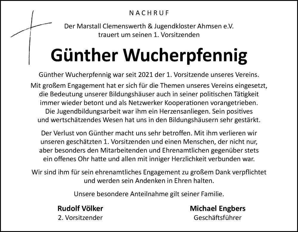  Traueranzeige für Günther Wucherpfennig vom 03.08.2023 aus Neue Osnabrücker Zeitung GmbH & Co. KG