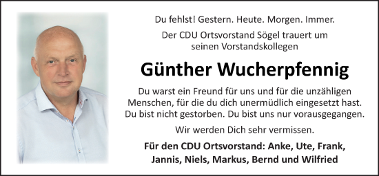 Traueranzeige von Günther Wucherpfennig von Neue Osnabrücker Zeitung GmbH & Co. KG