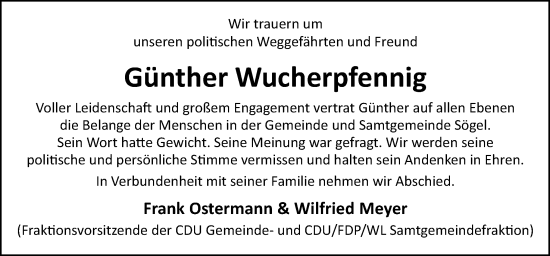 Traueranzeige von Günther Wucherpfennig von Neue Osnabrücker Zeitung GmbH & Co. KG