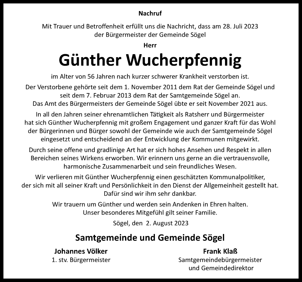  Traueranzeige für Günther Wucherpfennig vom 03.08.2023 aus Neue Osnabrücker Zeitung GmbH & Co. KG