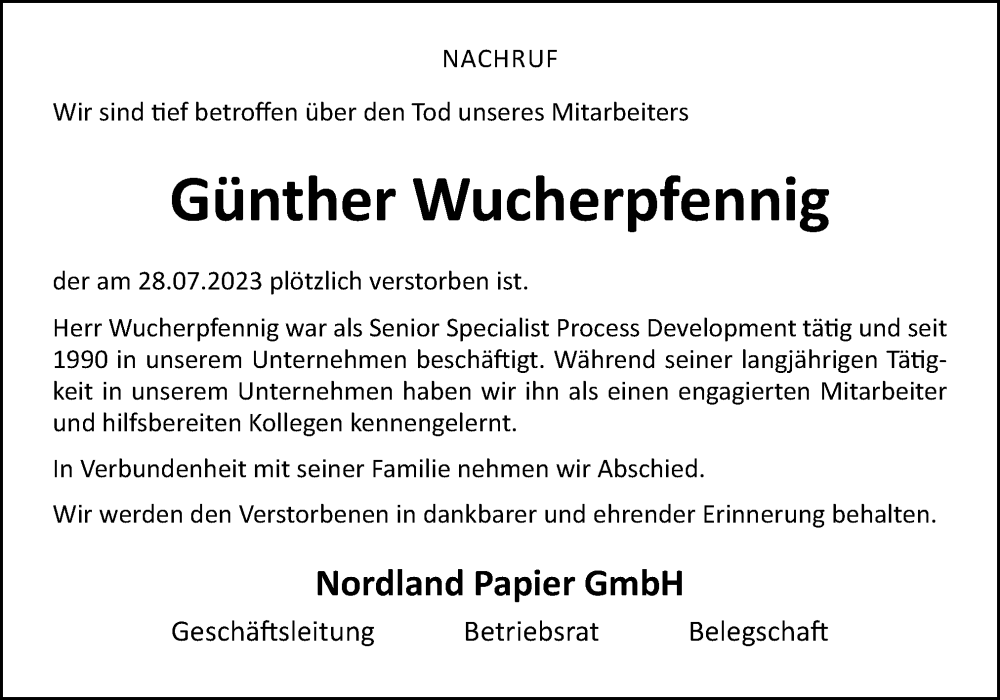  Traueranzeige für Günther Wucherpfennig vom 03.08.2023 aus Neue Osnabrücker Zeitung GmbH & Co. KG