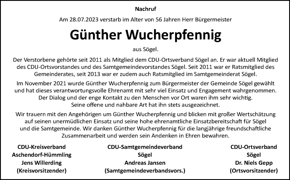  Traueranzeige für Günther Wucherpfennig vom 03.08.2023 aus Neue Osnabrücker Zeitung GmbH & Co. KG