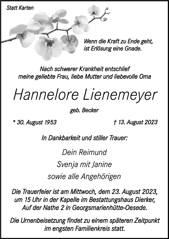 Traueranzeige von Hannelore Lienemeyer von Neue Osnabrücker Zeitung GmbH & Co. KG