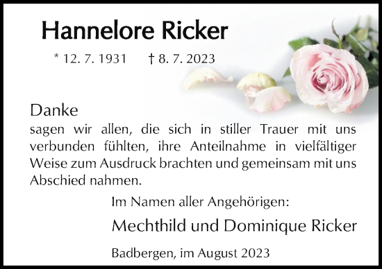 Traueranzeige von Hannelore Ricker von Neue Osnabrücker Zeitung GmbH & Co. KG