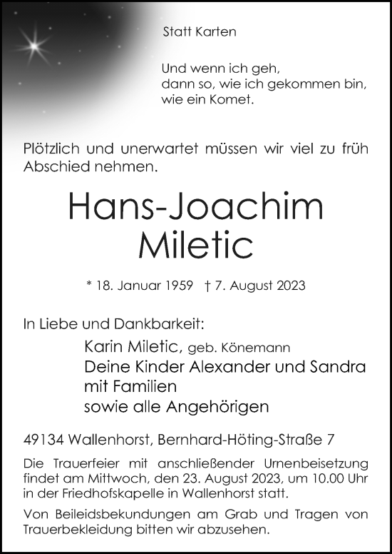 Traueranzeige von Hans-Joachim Miletic von Neue Osnabrücker Zeitung GmbH & Co. KG