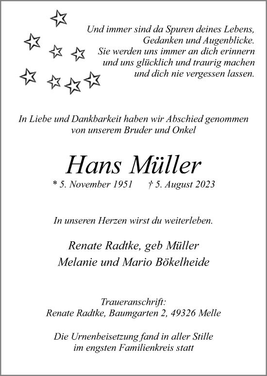 Traueranzeige von Hans Müller von Neue Osnabrücker Zeitung GmbH & Co. KG