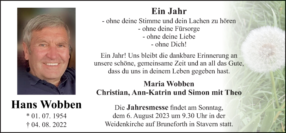  Traueranzeige für Hans Wobben vom 04.08.2023 aus Neue Osnabrücker Zeitung GmbH & Co. KG