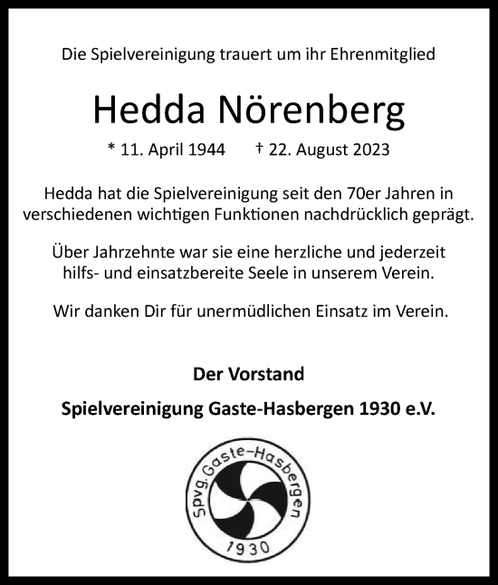 Traueranzeige von Hedda Nörenberg von Neue Osnabrücker Zeitung GmbH & Co. KG