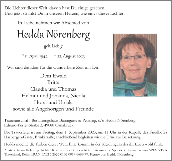 Traueranzeige von Hedda Nörenberg von Neue Osnabrücker Zeitung GmbH & Co. KG