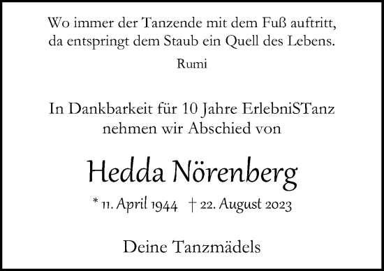 Traueranzeige von Hedda Nörenberg von Neue Osnabrücker Zeitung GmbH & Co. KG