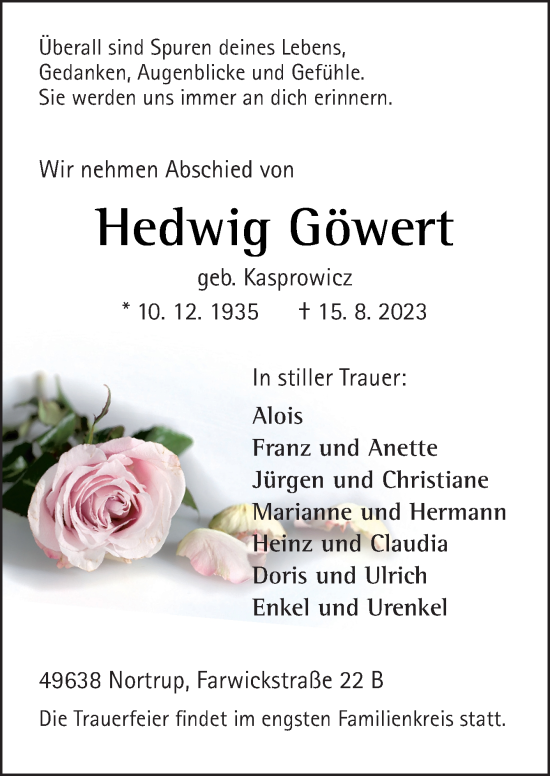 Traueranzeige von Hedwig Göwert von Neue Osnabrücker Zeitung GmbH & Co. KG