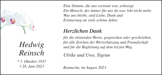 Traueranzeige von Hedwig Reinsch von Neue Osnabrücker Zeitung GmbH & Co. KG