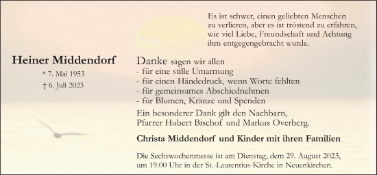 Traueranzeige von Heiner Middendorf von Neue Osnabrücker Zeitung GmbH & Co. KG