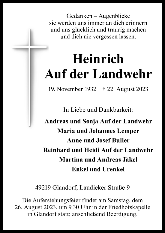 Traueranzeige von Heinrich Auf der Landwehr von Neue Osnabrücker Zeitung GmbH & Co. KG