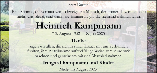 Traueranzeige von Heinrich Kampmann von Neue Osnabrücker Zeitung GmbH & Co. KG