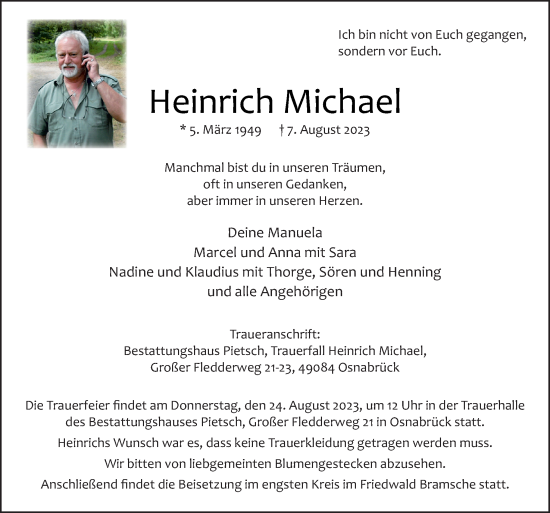 Traueranzeige von Heinrich Michael von Neue Osnabrücker Zeitung GmbH & Co. KG