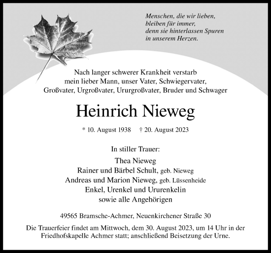 Traueranzeige von Heinrich Nieweg von Neue Osnabrücker Zeitung GmbH & Co. KG