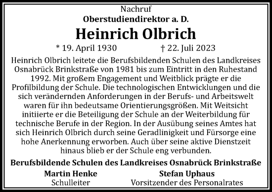Traueranzeige von Heinrich Olbrich von Neue Osnabrücker Zeitung GmbH & Co. KG