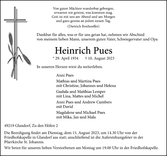 Traueranzeige von Heinrich Pues von Neue Osnabrücker Zeitung GmbH & Co. KG