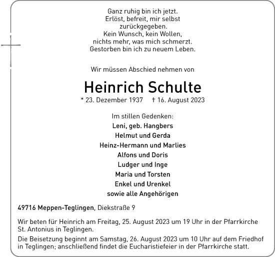 Traueranzeige von Heinrich Schulte von Neue Osnabrücker Zeitung GmbH & Co. KG