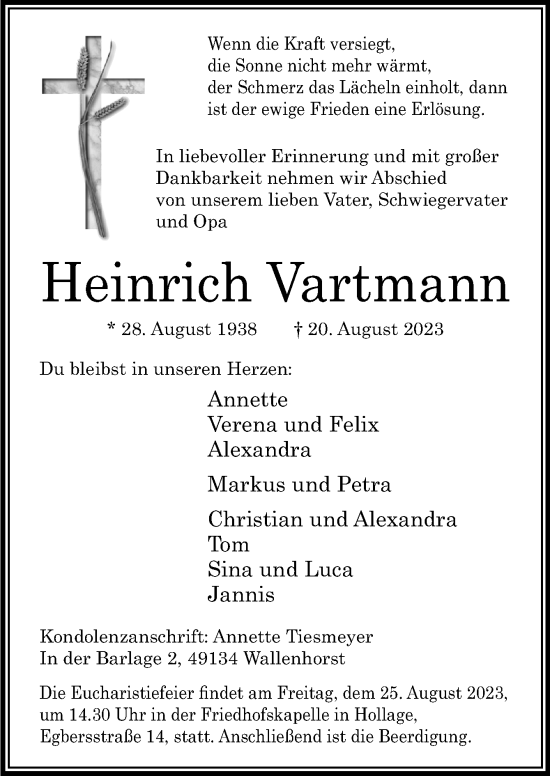 Traueranzeige von Heinrich Vartmann von Neue Osnabrücker Zeitung GmbH & Co. KG