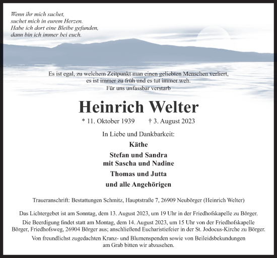 Traueranzeige von Heinrich Welter von Neue Osnabrücker Zeitung GmbH & Co. KG