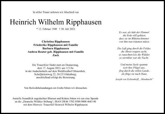 Traueranzeige von Heinrich Wilhelm Ripphausen von Neue Osnabrücker Zeitung GmbH & Co. KG