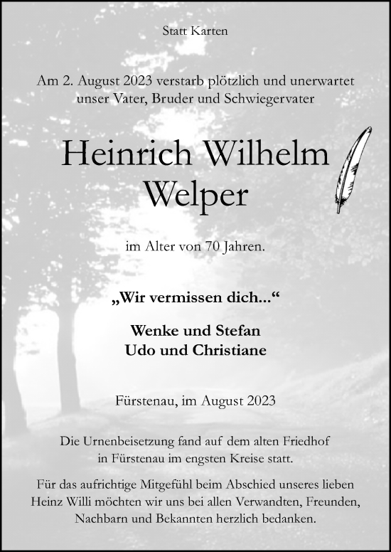 Traueranzeige von Heinrich Wilhelm Welper von Neue Osnabrücker Zeitung GmbH & Co. KG
