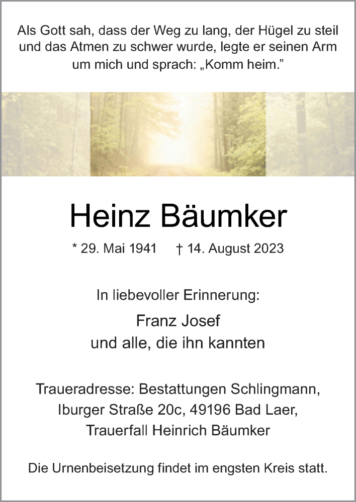  Traueranzeige für Heinz Bäumker vom 26.08.2023 aus Neue Osnabrücker Zeitung GmbH & Co. KG