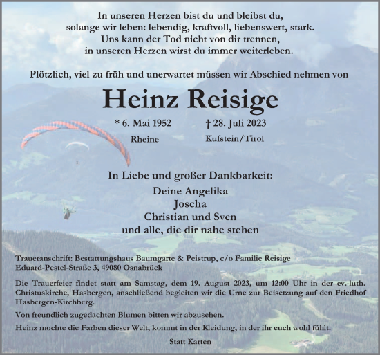Traueranzeige von Heinz Reisige von Neue Osnabrücker Zeitung GmbH & Co. KG