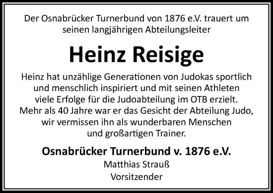 Traueranzeige von Heinz Reisige von Neue Osnabrücker Zeitung GmbH & Co. KG